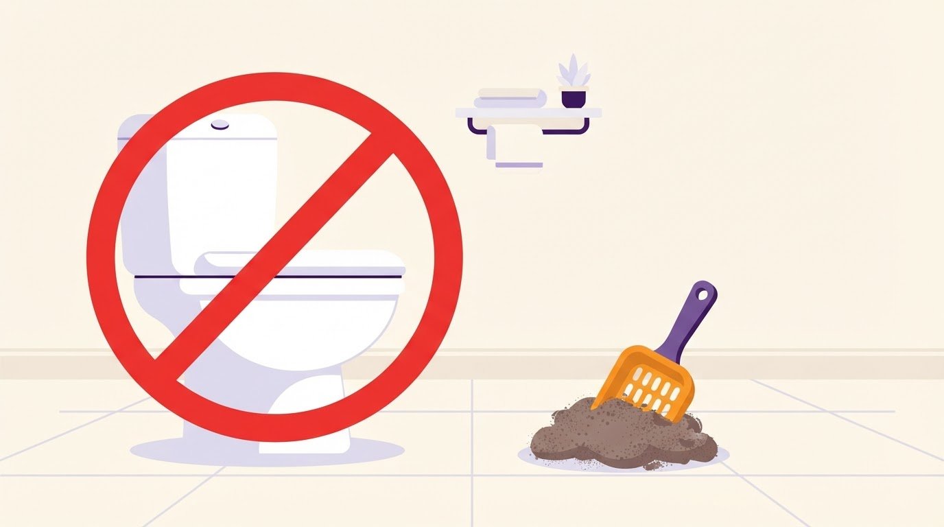 Illustration of a toilet with a do-not-flush symbol next to a scoop of clumped cat litter