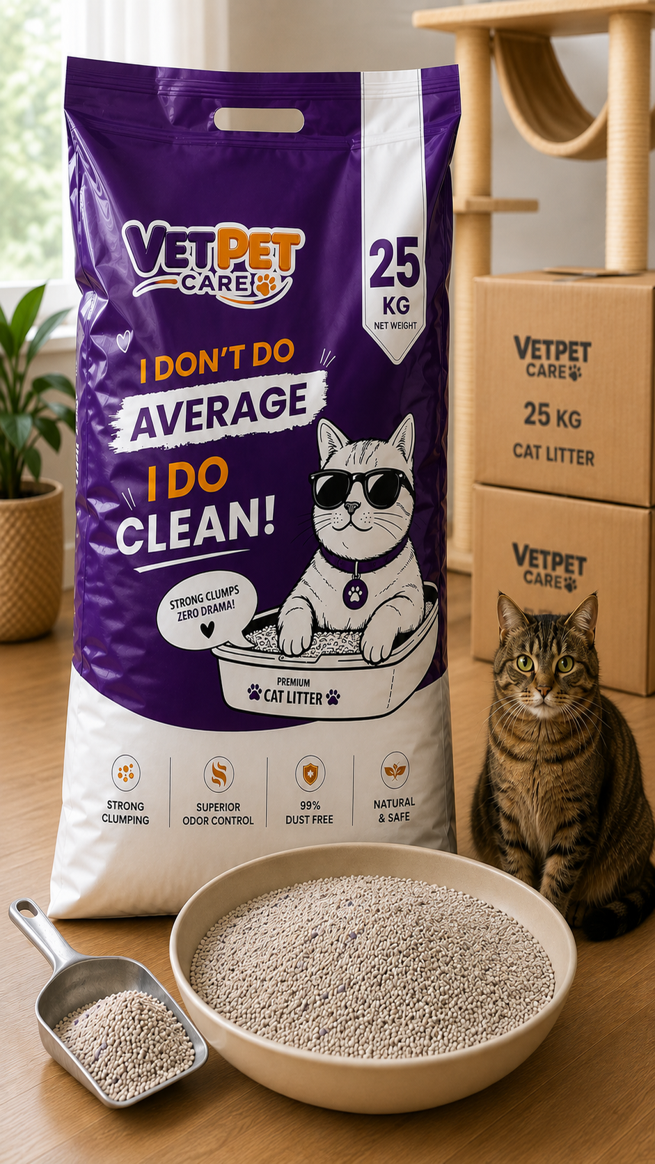 25kg bulk bags of VetPet Care bentonite cat litter staged for export alongside packed cartons